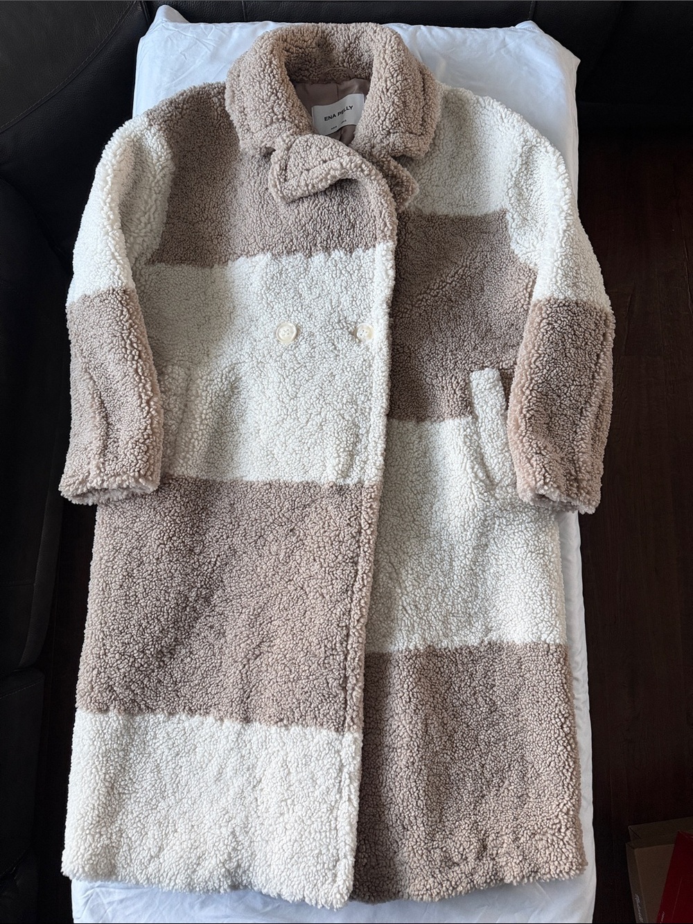Ena Pelly Kids Two-Tone Sherpa Pea Coat in Cream & Tan, Size 2 (US)